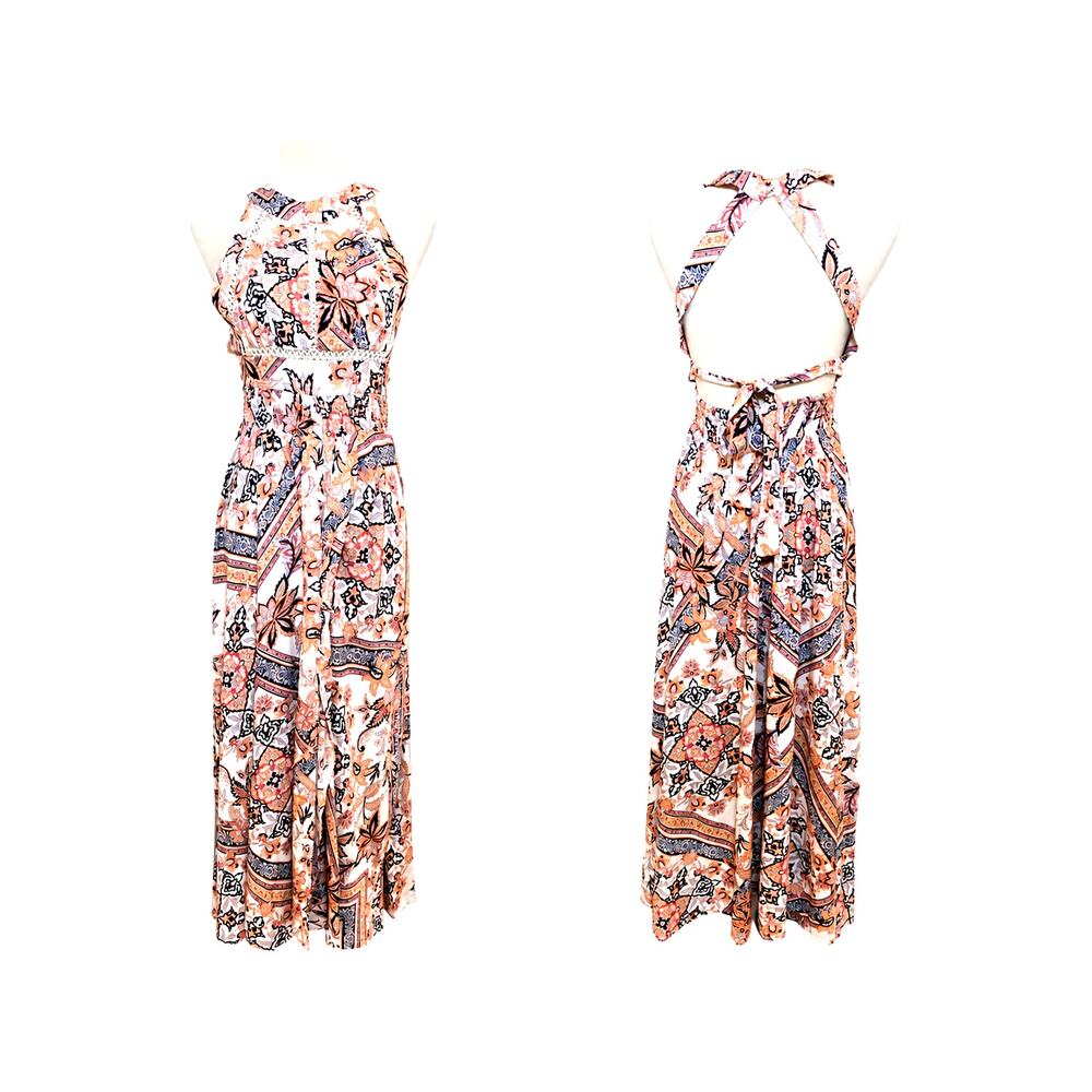 Abel The Label Anthropologie Open Back Maxi Dress Viena Coral Size S